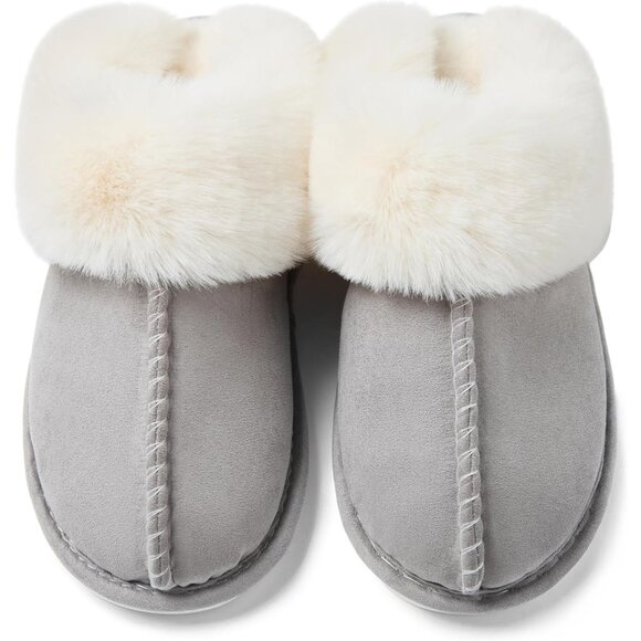 Women's Light Gray Memory Foam Winter Warm Fluffy Cozy Slip On Slippers Shoes - Picture 5 of 7